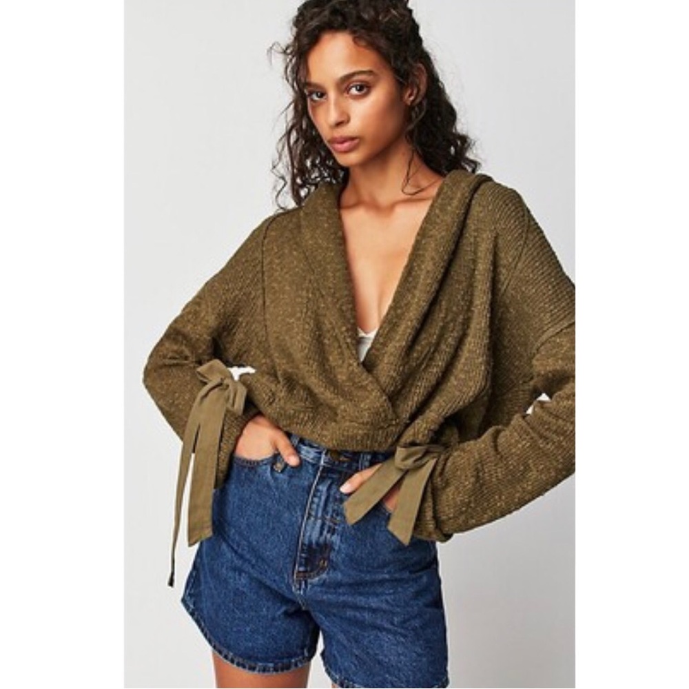 Free People Olive Green Wrap Sweatshirt with Tie Cuffs